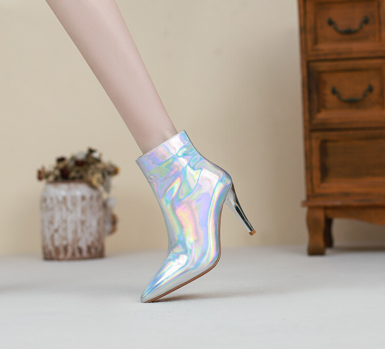 Spring and Autumn Stiletto Pointed Toe Short Boots Laser Iridescent Silver High-Heeled Women's Shoes Large Size Stage Performance Catwalk Shoes Low Boots