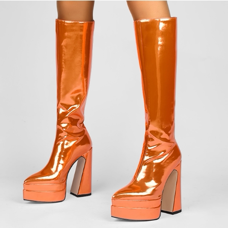 Spring and Autumn High-Heeled Waterproof Platform Knee-High Boots with Thick Heels and Pointed Toes, Gold and Silver Patent Leather Women's Shoes, Runway Long Boots