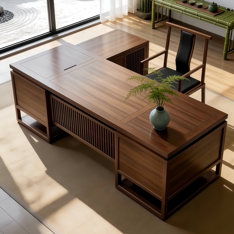 High-End Light Luxury Minimalist Style North American Black Walnut Solid Wood Executive Desk with Side Cabinet, Office Desk, Manager's Desk and Chair