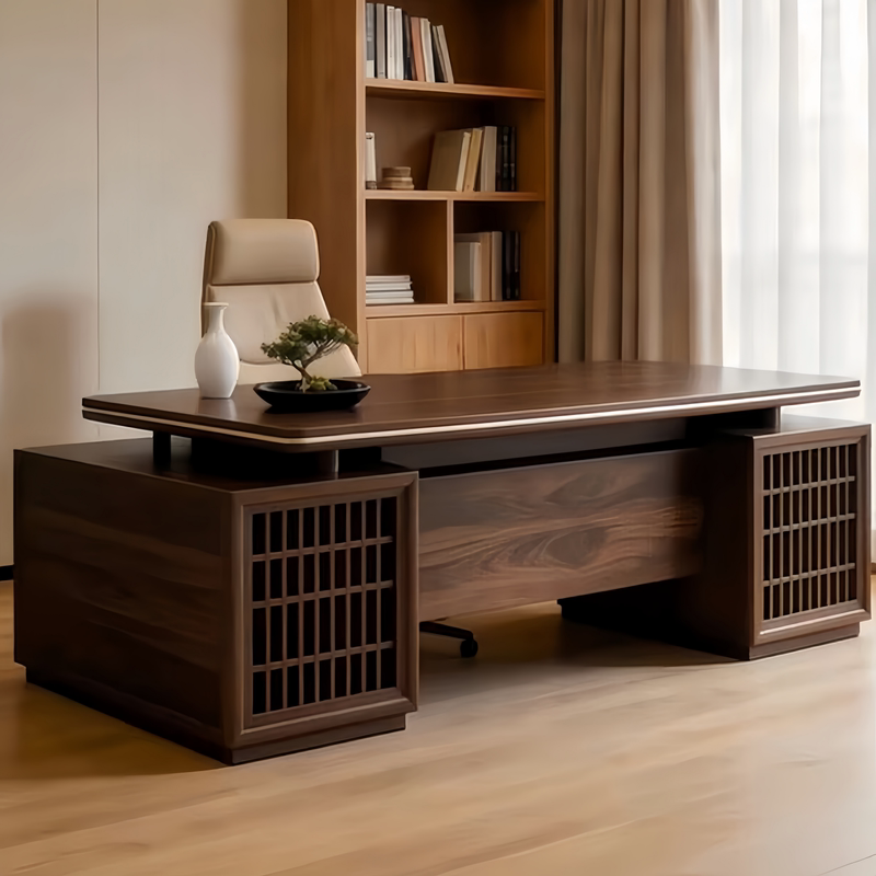 New Chinese-Style North American Black Walnut Solid Wood Executive Desk Rectangular Home Office Desk with Storage Cabinet and Office Chair