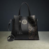 Pmsix vintage leather bag large capacity mom bag Fashion embossed first layer cowhide handbag elderly woman bag