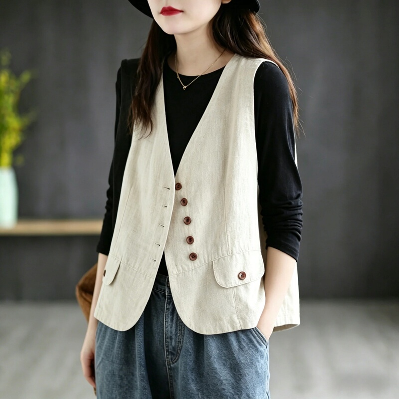 Retro Old Money Style V-Neck Cotton and Linen Vest for Women, Spring & Fall Thin Casual Versatile Waistcoat Cardigan Top Jacket Retro Old Money Style V-Neck Cotton and Linen Vest for Women, Spring & Fall Thin Casual Versatile Waistcoat Cardigan Top Jacket