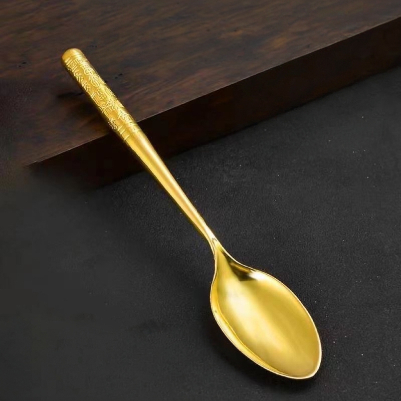 [Recommended New Product] Genuine Pure Gold Spoon Household Tableware Hundred Blessings Bring Wealth Gold-Colored Spoon