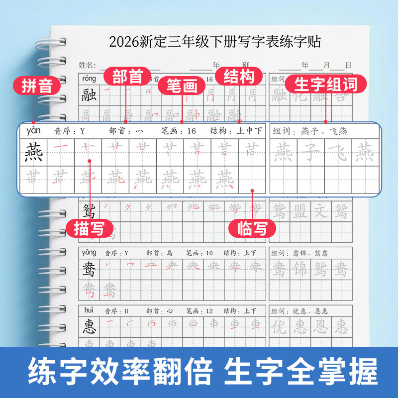 Third Grade Second Semester Writing Workbook First Semester Practice Copybook Pinyin Word Formation Stroke Tracing People's Education Edition 2026 Spring Synchronized Edition