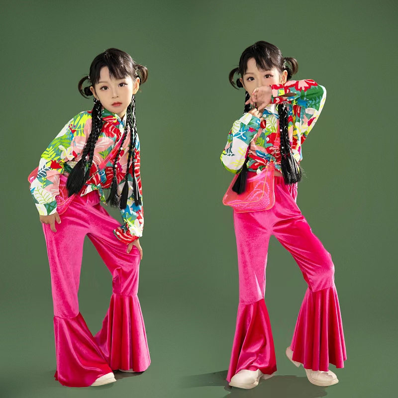 Girls' Retro Hong Kong Style Bell-Bottom Pants 80S 90S Children's Runway Show Biker Style Model Competition Performance Photo Studio