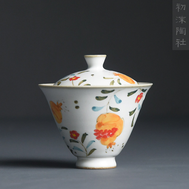 First Foam Pottery Society Jingdezhen Porcelain Lid Bowl Pure Hand Hand-painted Lid Bowl Pomegranate Coarse Pottery Cover Bowl Kongfu Tea Furniture