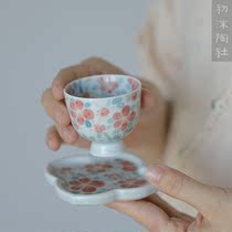 Chu Mo Pottery Society Jingdezhen handmade hand-painted peach blossom cup with saucer high foot cup Tea smell fragrant cup