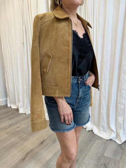 春秋女士外套23新短款长袖修身麂皮绒开衫防风保暖飞行员皮衣夹克