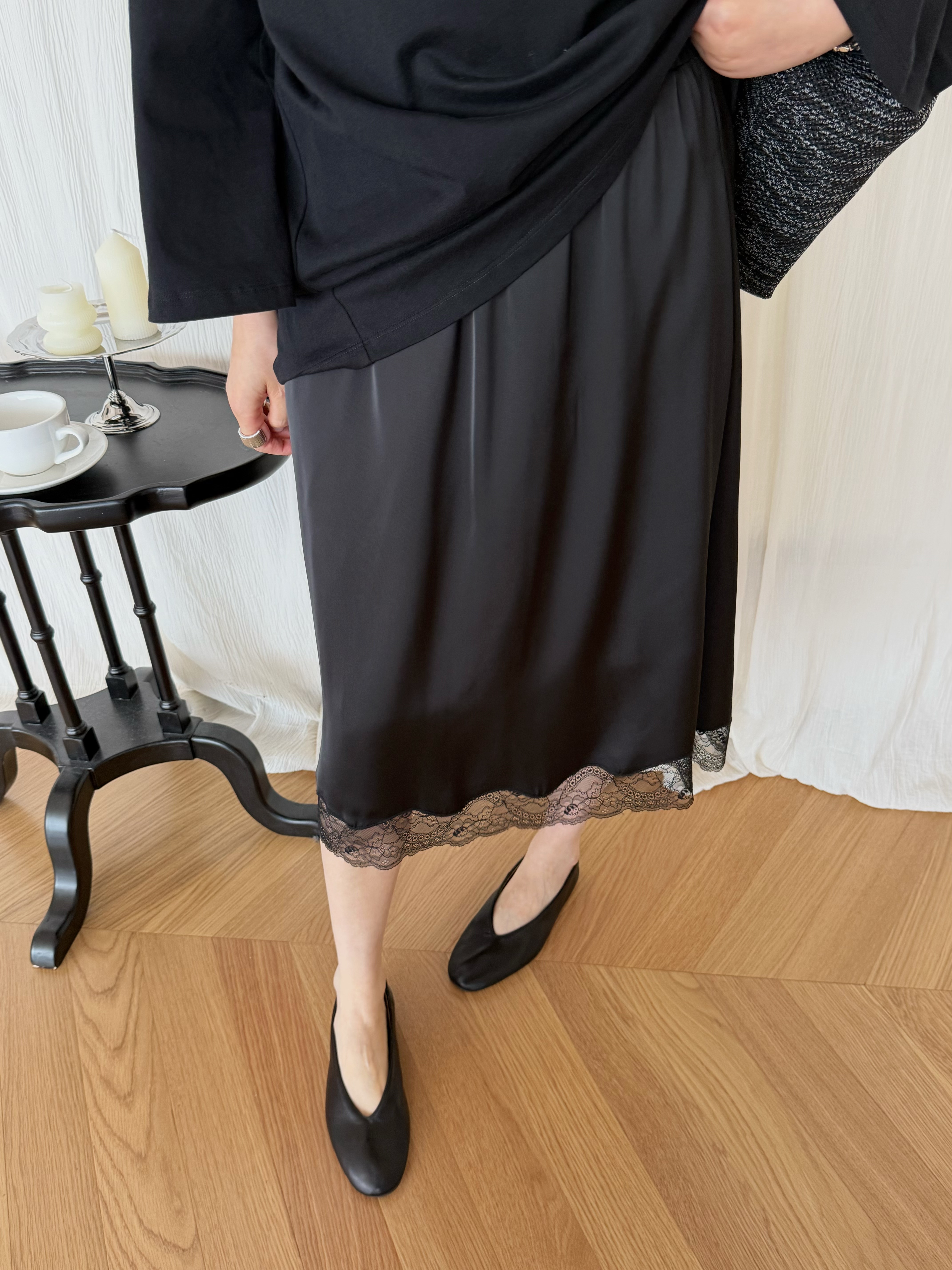 widelia черная блестящая юбка средней длины с кружевной отделкой для женщин весна-лето
