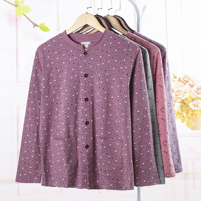 Autumn clothes woman pure cotton medium aged cardiovert full cotton gattening on cardiovert cotton wool inner hitch, elderly long sleeve printed mom