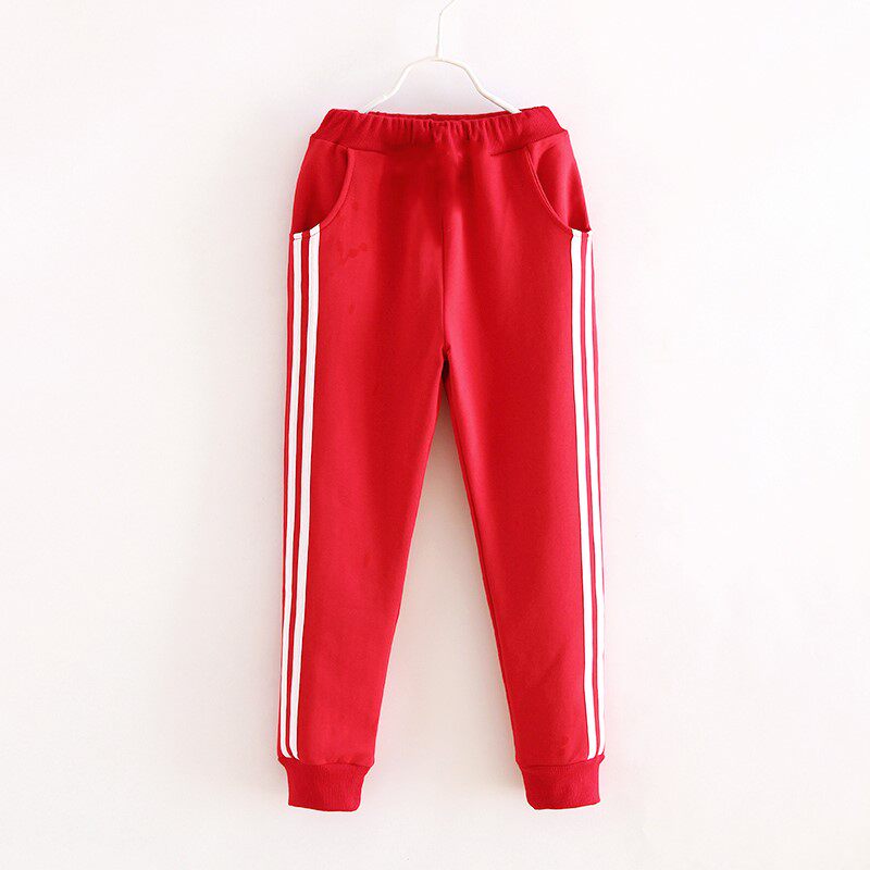Primary and middle school students in autumn and winter with red two white bars school trousers in spring and autumn black sports pants