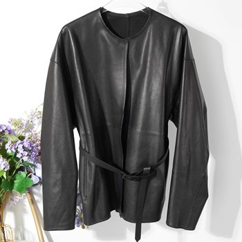 2025 autumn temperament lace-up waisted round neck genuine leather leather jacket women's high-end sheepskin jacket loose jacket trendy