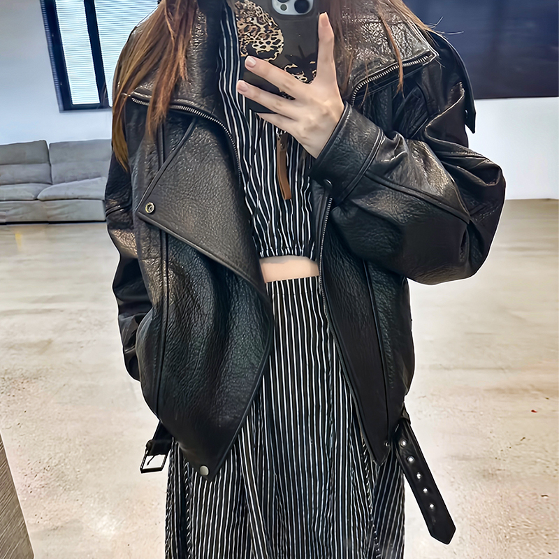 Imported Embossed Sheepskin Genuine Leather Jacket, Yangshulin Style, Loose Fit, Oversized, Cool Biker Leather Jacket, Trendy