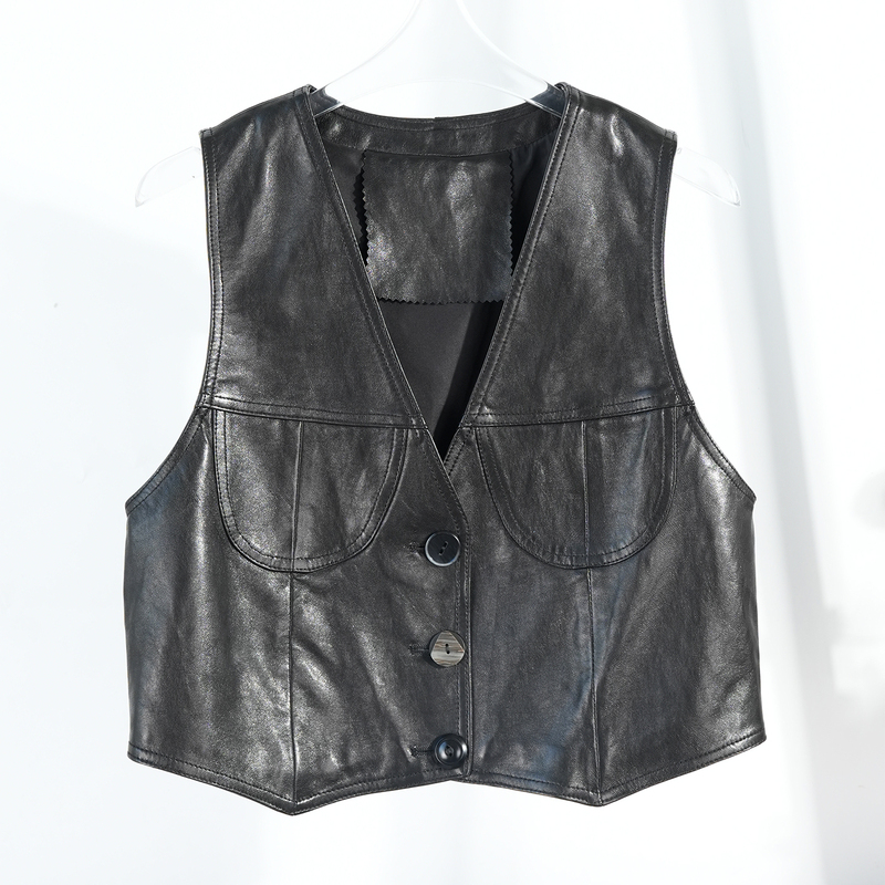 Imported Cold-Extracted Oil Wax Sheepskin Top Layer 2026 Autumn V-Neck Genuine Leather Vest for Women, Designer Sleeveless Short Vest Imported Cold-Extracted Oil Wax Sheepskin Top Layer 2026 Autumn V-Neck Genuine Leather Vest for Women, Designer Sleeveless Short Vest