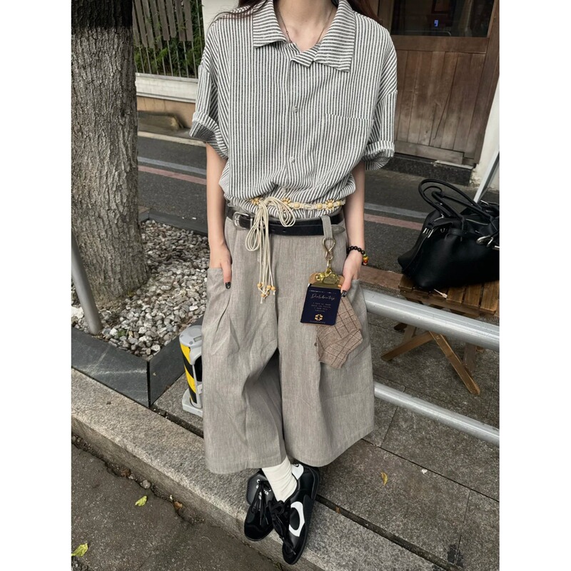 Asymmetrical Collar Two-Way Shirt Cleanfit Italian Roman Style Lazy Casual Striped Short-Sleeve Sun Protection Shirt Unisex Summer