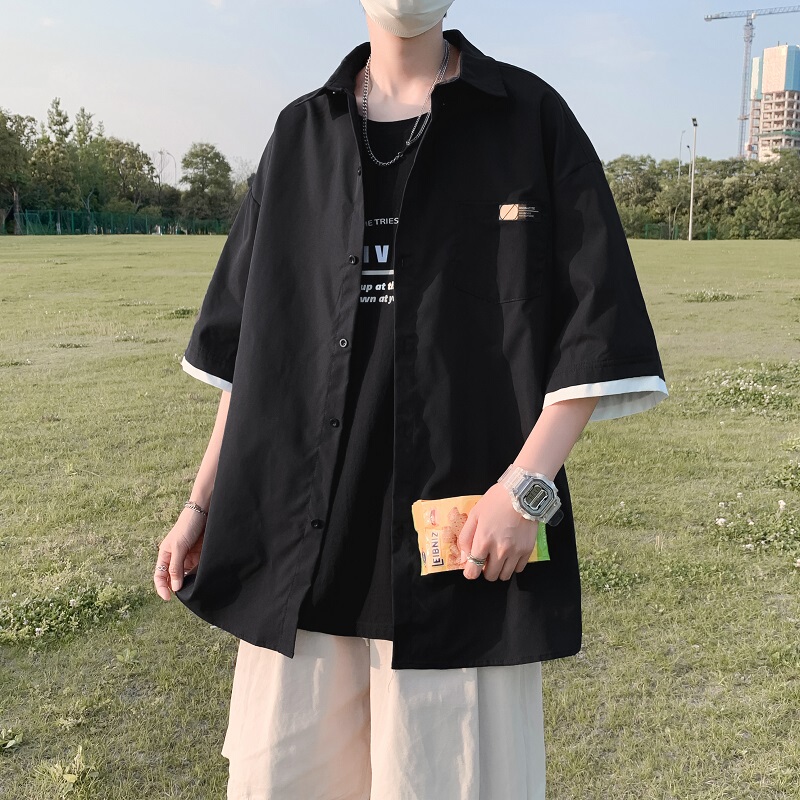 Ice Silk Short-Sleeve Shirt for Men, Loose Fit, Faux Two-Piece Top, Ins Hong Kong Style, Summer Thin Shirt Jacket, Trendy and Cool