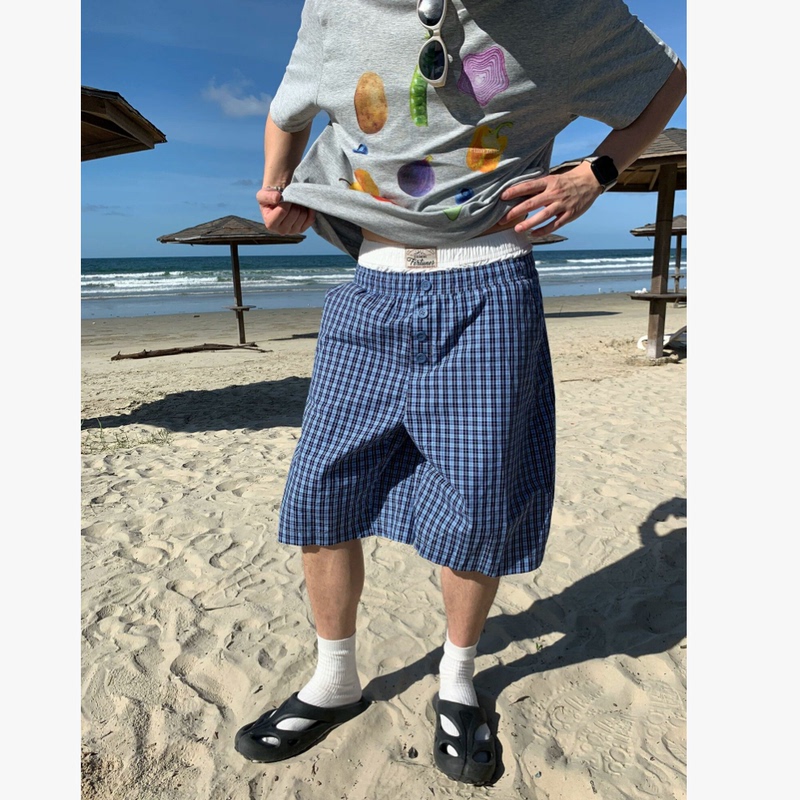 American Retro Plaid Double-Waistband Patchwork Five-Point Shorts for Men and Women, Cleanfit Summer New Versatile Casual Pants