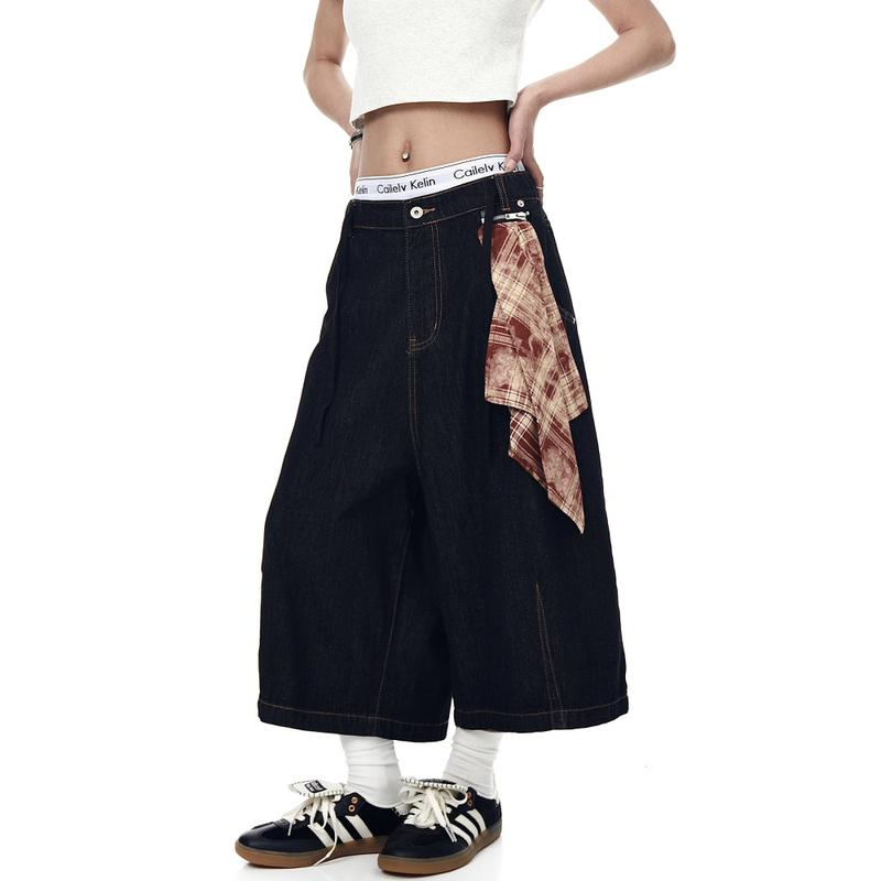American-Style Detachable Color-Blocked Square Scarf Cropped Pants for Women and Men, New Summer Loose Wide-Leg Scimitar Slimming Jeans