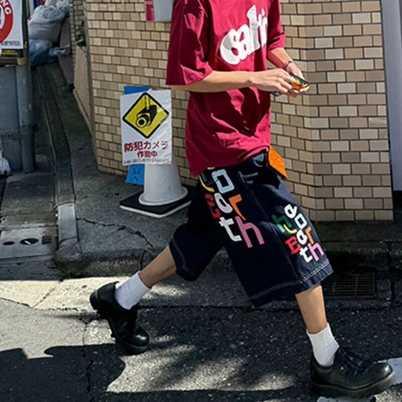 American High Street Style Colorful Letter Print Denim Shorts Unisex Straight Loose Wide-Leg Pants Summer Capri Pants