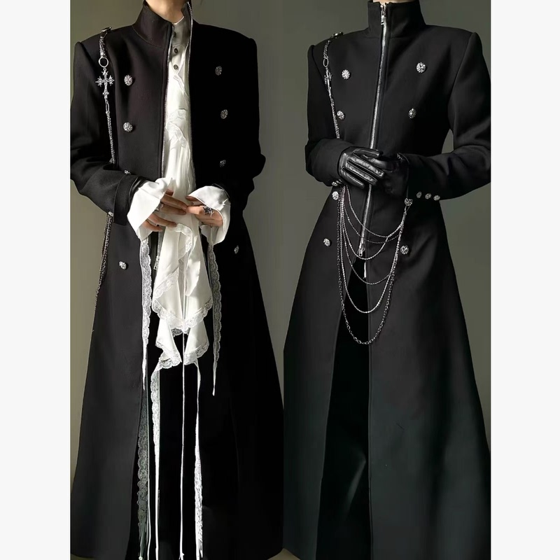 Black Slimming Belt Double-Breasted Slim-Fit Trench Coat for Men and Women, New Autumn Style, Ascetic Prince Style Gothic Jacket