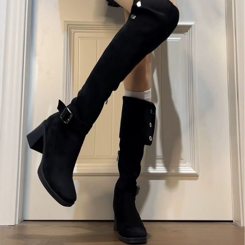 Black High-Top Riding Boots for Women, 2026 Autumn and Winter New Style, Chunky Heel, Belt Buckle, Over-The-Knee Long Boots, Slimming Effect, Slouchy Boots Black High-Top Riding Boots for Women, 2026 Autumn and Winter New Style, Chunky Heel, Belt Buckle, Over-The-Knee Long Boots, Slimming Effect, Slouchy Boots