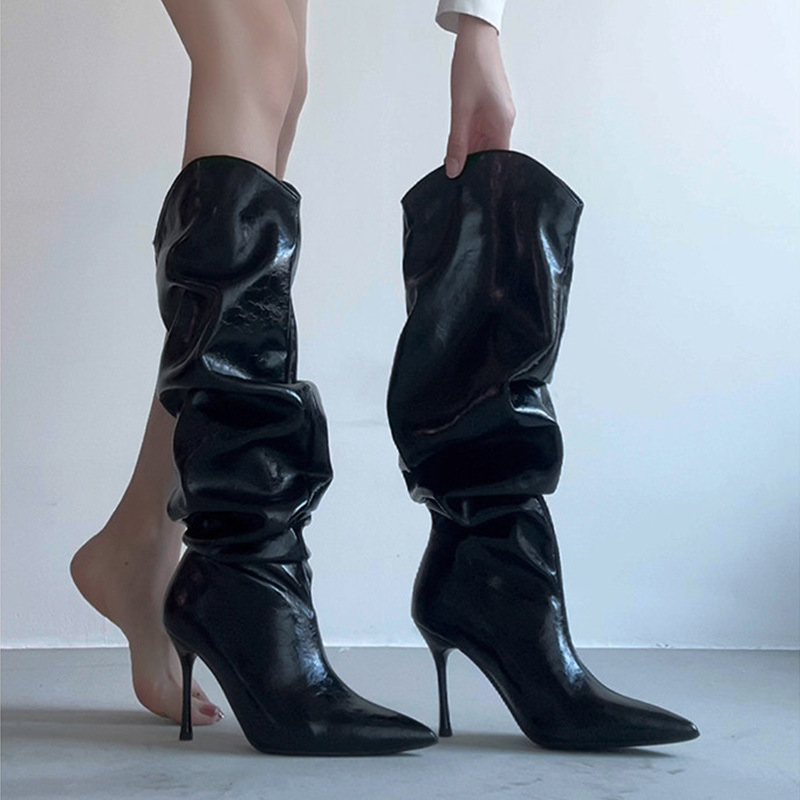 Black Pointed-Toe Stiletto High Boots for Women, 2026 Autumn New Style, Ruched Slouch Boots, Riding Boots, High-Heeled Long Boots for Petite Women