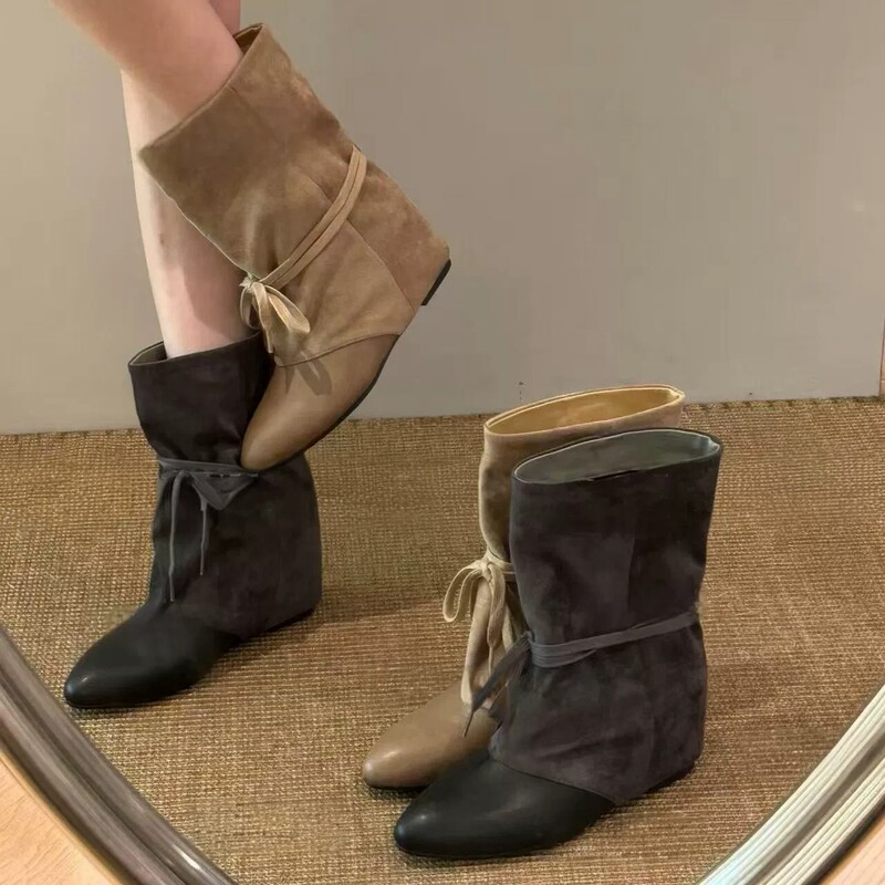 Pointed Toe Lace-Up Slouch Boots for Women, 2026 Autumn New Vintage Style Versatile Fashion Lace-Up Short Boots with Hidden Height Increase Pointed Toe Lace-Up Slouch Boots for Women, 2026 Autumn New Vintage Style Versatile Fashion Lace-Up Short Boots with Hidden Height Increase