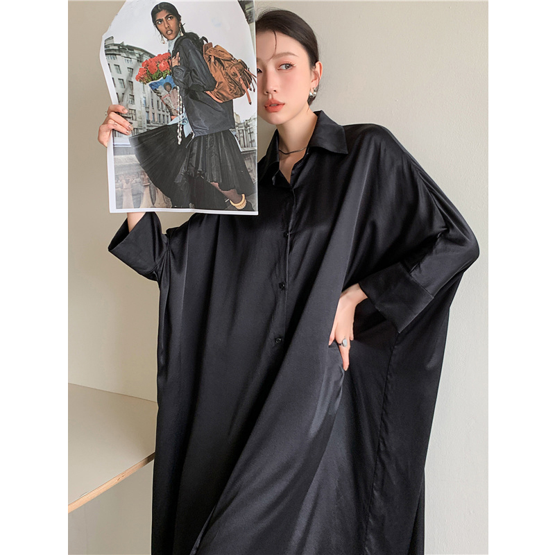 Black Shirt Dress for Women, Long-Sleeved, Loose, Slimming, Mid-Length, Commuter Style, Elegant, High-End, Niche Dress