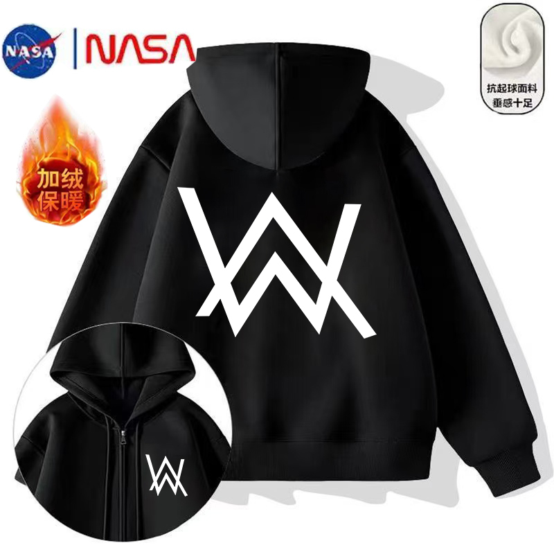 Nasa Collaboration with Alan Walker Same Style Dj Trendy Jacket Hooded Zip-Up Sweatshirt Unisex Fleece Thickened Outerwear