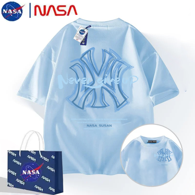 Nasa Co-Branded American Trendy Brand Heavyweight T-Shirt Short-Sleeved Unisex Summer New Style Youth Pure Cotton Light Blue Top
