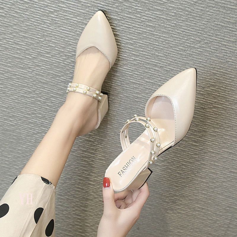 Women's Summer Fashion 2025 New Style Two-Way Pearl Sandals, Slip-On Half Slippers, Outdoor Wear, Chunky Heel High Heels