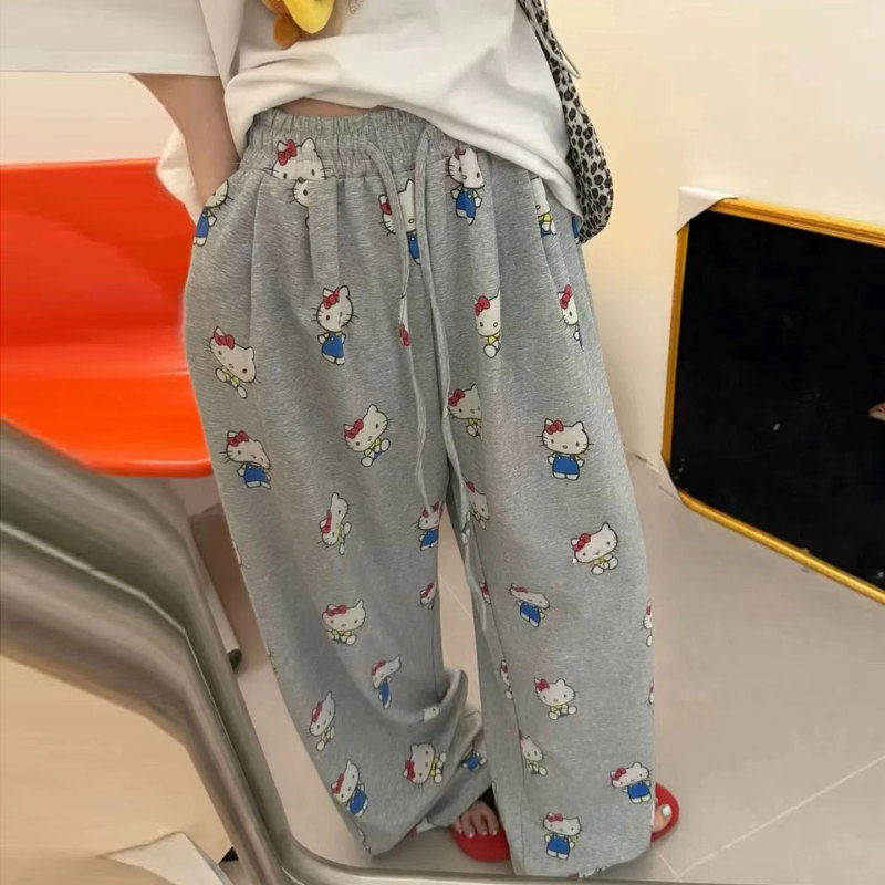 All-Over Cartoon Kt Cat Wide-Leg Pants for Women, Autumn Style, Cute, Loose, Slimming, Elastic High-Waisted Drawstring Straight-Leg Sweatpants