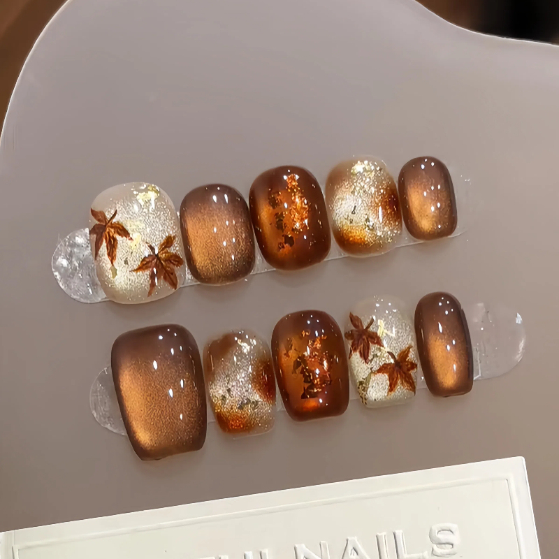 Flowing Colors【Maple Leaves Know Autumn】Handmade Amber Cat's Eye Wearable Nails Autumn and Winter Vintage High-End Short Brown Manicure Flowing Colors【Maple Leaves Know Autumn】Handmade Amber Cat's Eye Wearable Nails Autumn and Winter Vintage High-End Short Brown Manicure