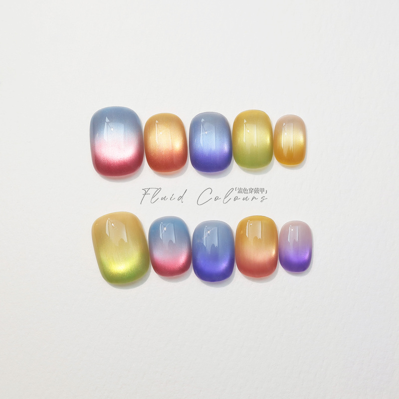 Flowing Color [Rainbow Candy] Handmade Rainbow Candy Gradient Nail Art Summer Cat Eye Nail Tips