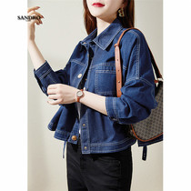 Japanese light luxury womens age-reduction fashionable denim short coat retro profile stand neck wash blue denim jacket autumn