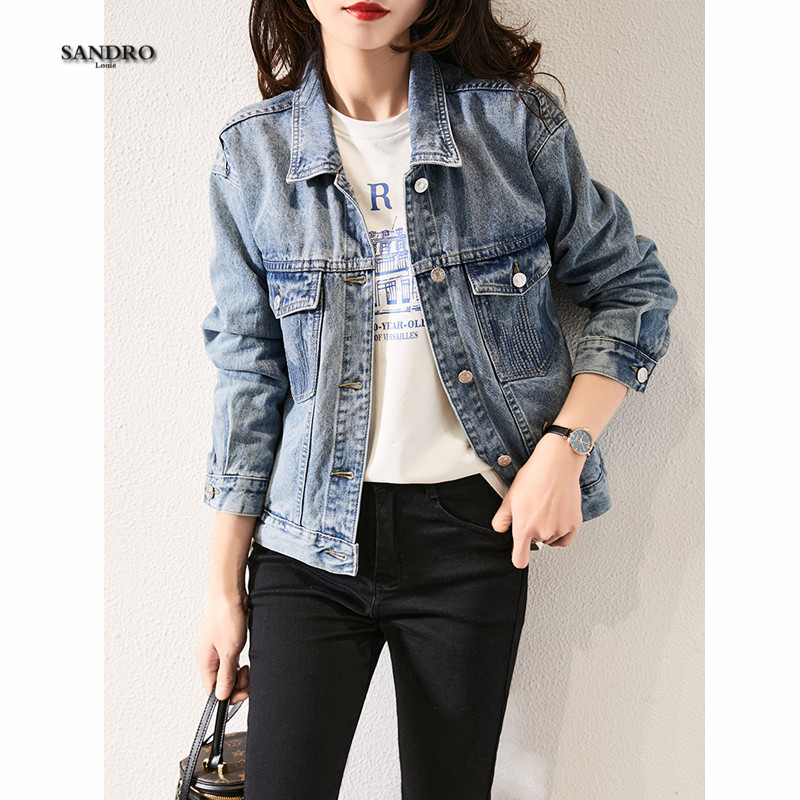 Japanese light luxury BF light color washed blue lapel denim top women's autumn short jacket new age-reducing Hong Kong style fashion