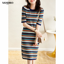 Japanese light luxury 2021 summer new color striped knitted dress hollow collar slim skirt women