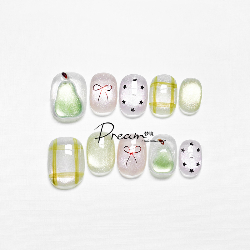Dream Handmade Short Nail Tips with Pear Pattern, Ice Transparent Plaid Cat Eye, Summer Dopamine Manicure