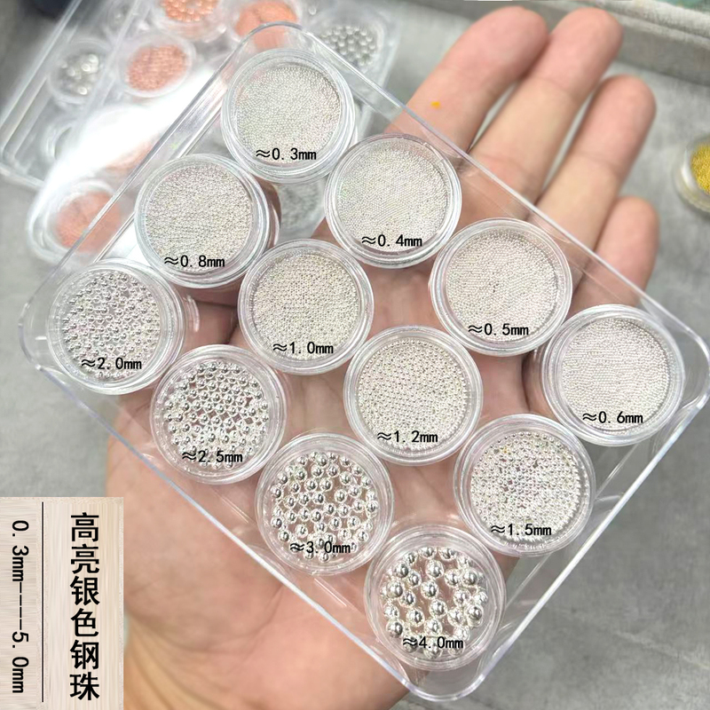 【High-Gloss Silver Nail Art Beads】12 Sizes Mixed Pack 0.3mm 0.4mm Ultra-Mini Small Size Gold and Silver