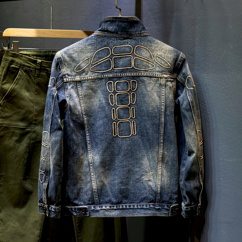 American-Style Heavy-Duty Biker Stand-Collar Denim Jacket for Men, 2024 Spring and Autumn Model, Large Size, Embroidered Tough Guy Cool Jacket