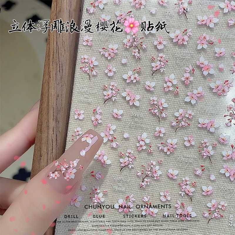 New Nail Art Cherry Blossom Stickers, Spring Cherry Blossom 3D Embossed Decals, Pink Girly Peach Blossom Spring Nail Stickers New Nail Art Cherry Blossom Stickers, Spring Cherry Blossom 3D Embossed Decals, Pink Girly Peach Blossom Spring Nail Stickers
