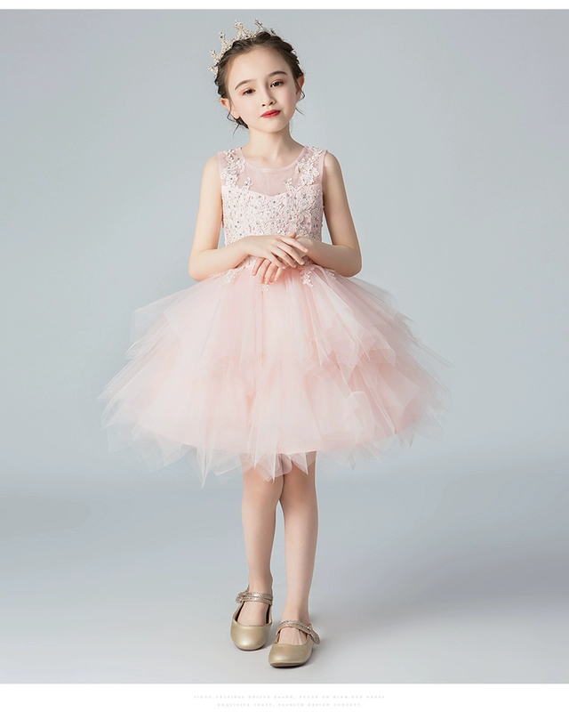 Trẻ em váy công chúa váy cô gái phồng sợi sinh nhật cô gái catwalk phong cách phương tây hoa cô gái piano trang phục màu hồng - Váy trẻ em