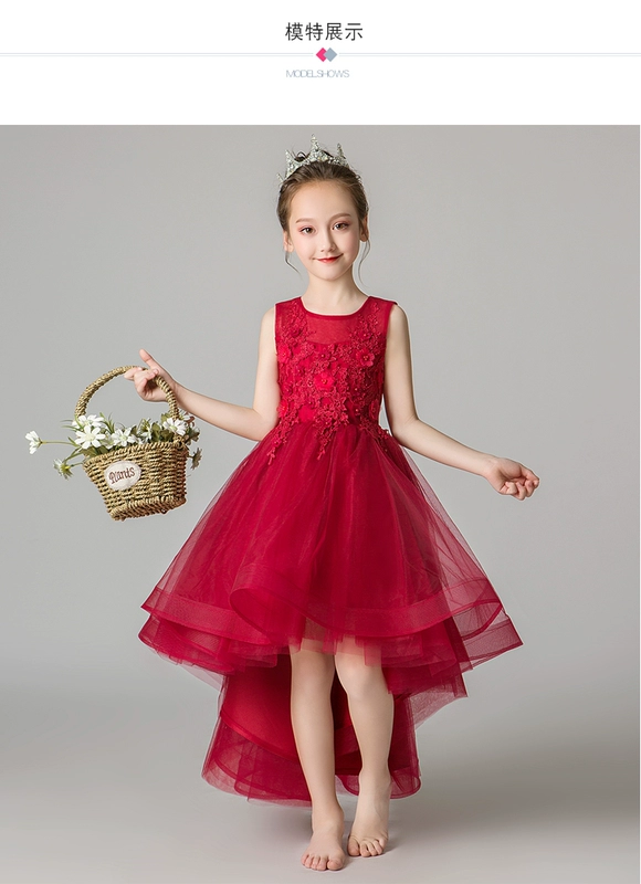 Cô bé công chúa váy cô gái mịn màng lụa hoa cô gái váy buổi tối trẻ em chủ nhà trang phục piano đỏ - Váy trẻ em set đồ vest bé trai