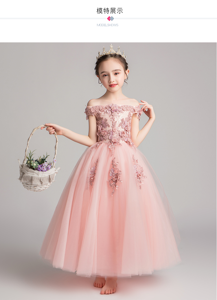 Trẻ em váy công chúa váy cô gái từ vai cô gái hoa cô gái chủ nhà trang phục biểu diễn váy dài mùa hè - Váy trẻ em quần áo trẻ em hàn quốc