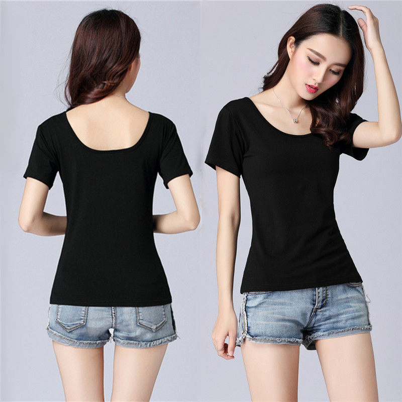大领口薄款夏季新款女短袖打底衫大码t恤韩版弹力黑色低领上衣潮