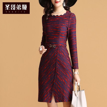 圣 哥弟娅2018春秋新品女修身气质中长裙印花