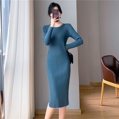 Over-The-Knee Knitted Dress, Long-Sleeved, Slim-Fitting, Waist-Hugging, Hip-Hugging Dress, Long Dress, Elegant Slit, Round Neck, One-Step Dress