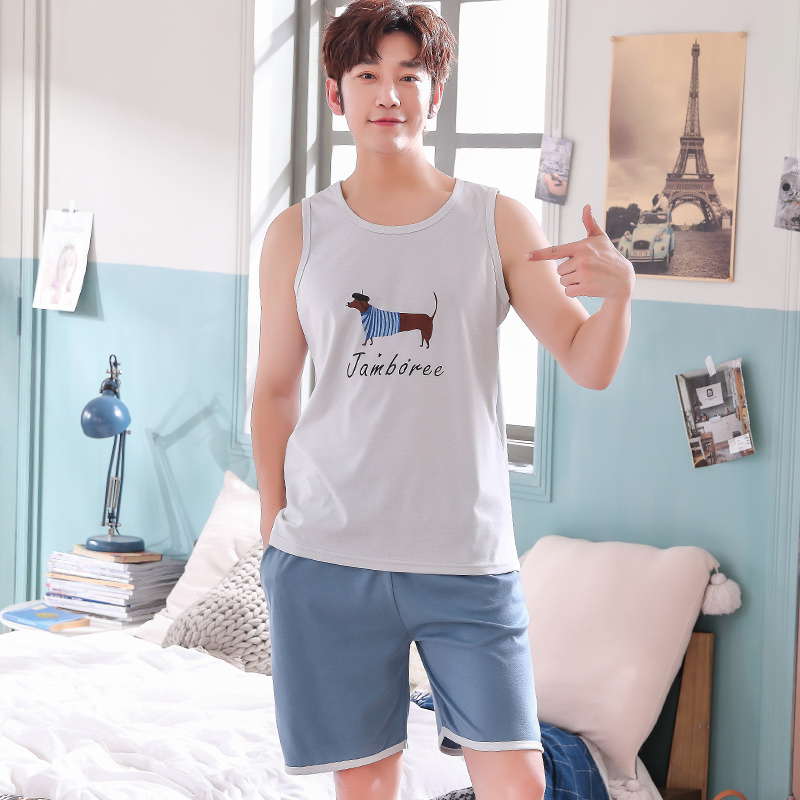 Mens pajama mùa hè vest quần short bông cộng với sân giản dị mỏng thanh niên mùa hè không tay nhà quần áo bộ