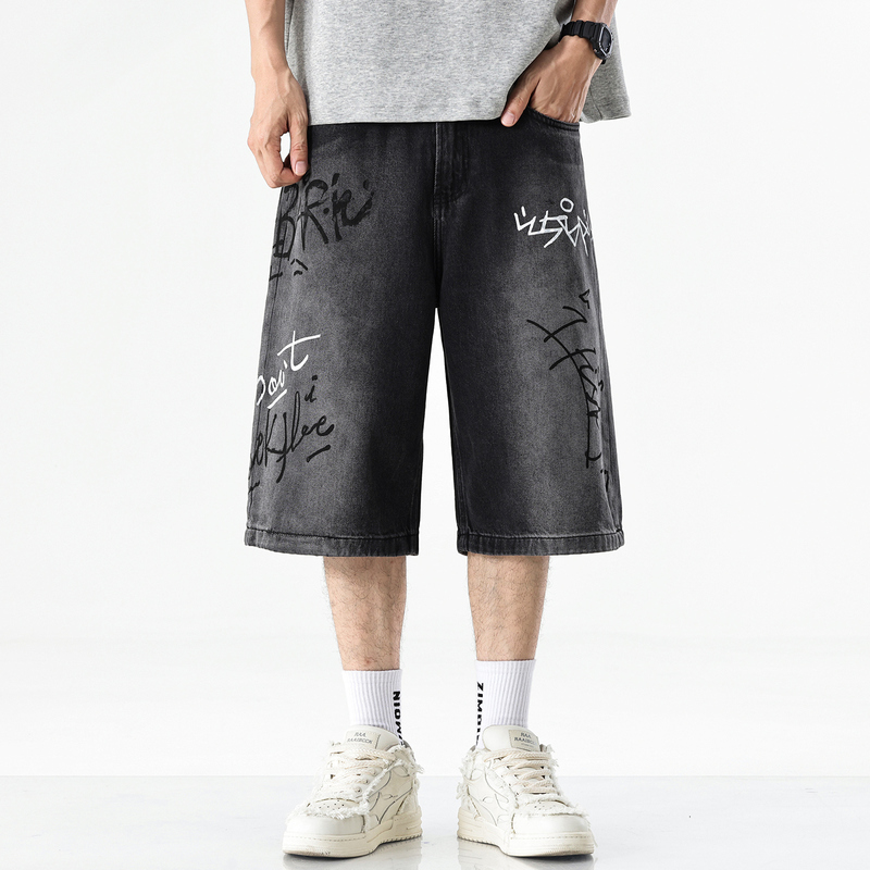 American Street Style Graffiti Print Denim Shorts for Men, Summer Loose Straight Casual Wide-Leg Street Cropped Pants American Street Style Graffiti Print Denim Shorts for Men, Summer Loose Straight Casual Wide-Leg Street Cropped Pants