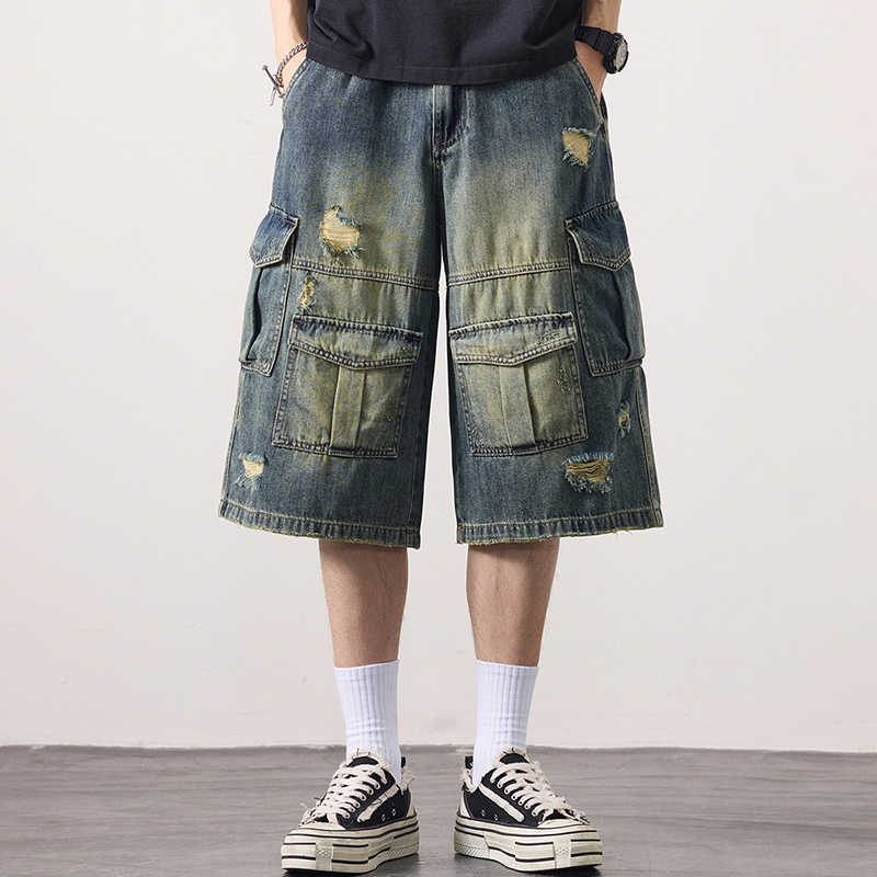 American Retro Washed Ripped Denim Shorts Men's Pleated Multi-Flap Pocket Pants Loose Straight Workwear Wide-Leg Cropped Pants Trendy American Retro Washed Ripped Denim Shorts Men's Pleated Multi-Flap Pocket Pants Loose Straight Workwear Wide-Leg Cropped Pants Trendy